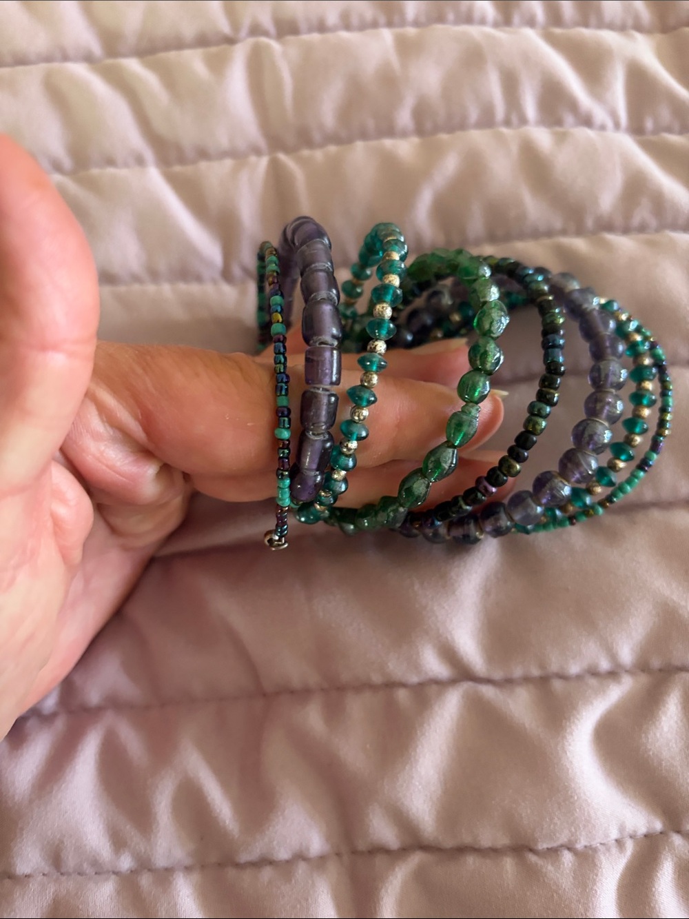 Green and Purple Beaded Coil Bracelet Set